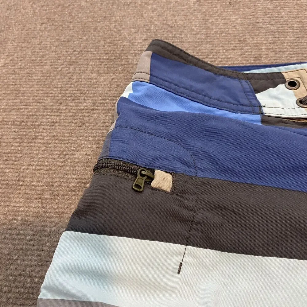 Patagonia Trunks Board Short Mens Size 29 Beach Blue Striped Swim Logo Wavefarer